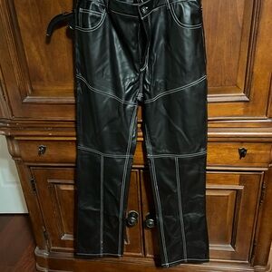 Shinestar Black Faux Leather Pants with White Stitching